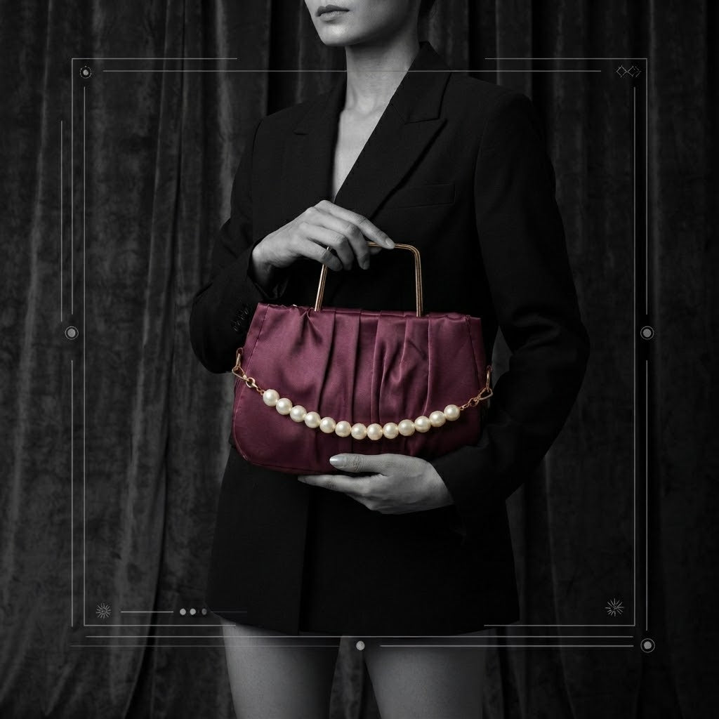 Elegant Pleated Maroon Handbag with Pearl Detail