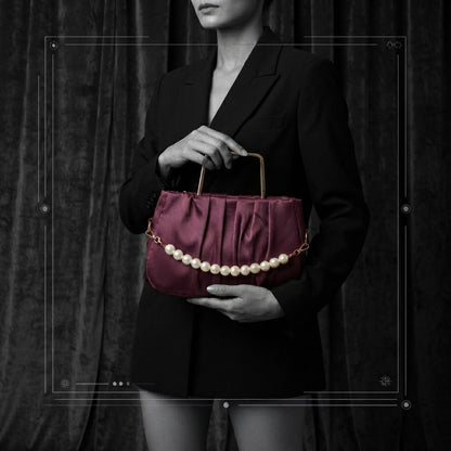 Elegant Pleated Maroon Handbag with Pearl Detail