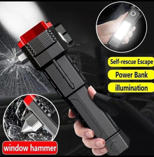 High-Power LED Torch Light - Rechargeable Flashlight With Tactical Hammer And Power Bank - Electronic Accessory Designed For Illumination And Daily Utility Routine