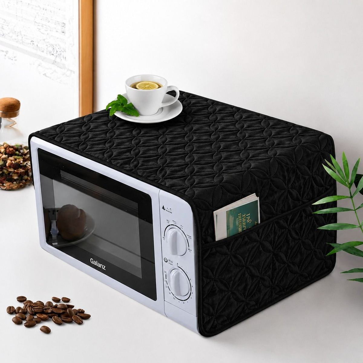 Ultrasonic Quilted Microwave & Oven Top Dust Cover – Protective Kitchen Appliance Cover - Black