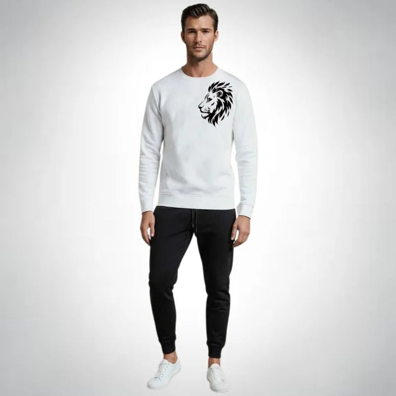 Your browser does not support the video tag. LION Printed White Tracksuit Sweatshirt & Trouser | Warm & Comfortable Winter Wear | Medium