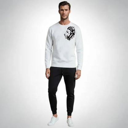 Your browser does not support the video tag. LION Printed White Tracksuit Sweatshirt & Trouser | Warm & Comfortable Winter Wear | Medium