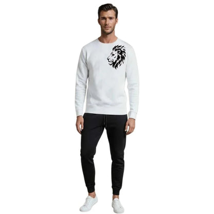 Your browser does not support the video tag. LION Printed White Tracksuit Sweatshirt & Trouser | Warm & Comfortable Winter Wear | Medium