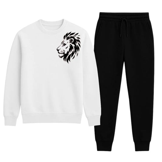 Your browser does not support the video tag. LION Printed White Tracksuit Sweatshirt & Trouser | Warm & Comfortable Winter Wear | Medium
