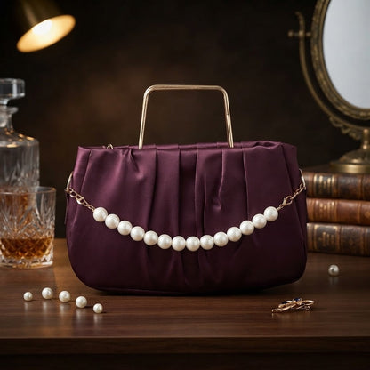 Elegant Pleated Maroon Handbag with Pearl Detail