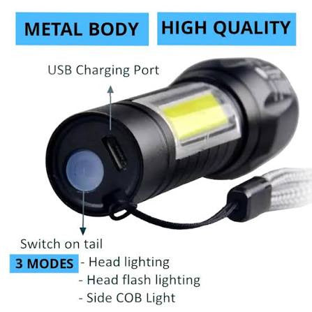 Metal COB Flashlight Torch | Mini Rechargeable LED Work Light & Waterproof Emergency Penlight