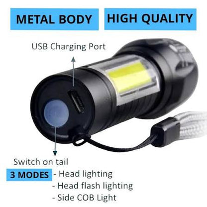 Metal COB Flashlight Torch | Mini Rechargeable LED Work Light & Waterproof Emergency Penlight